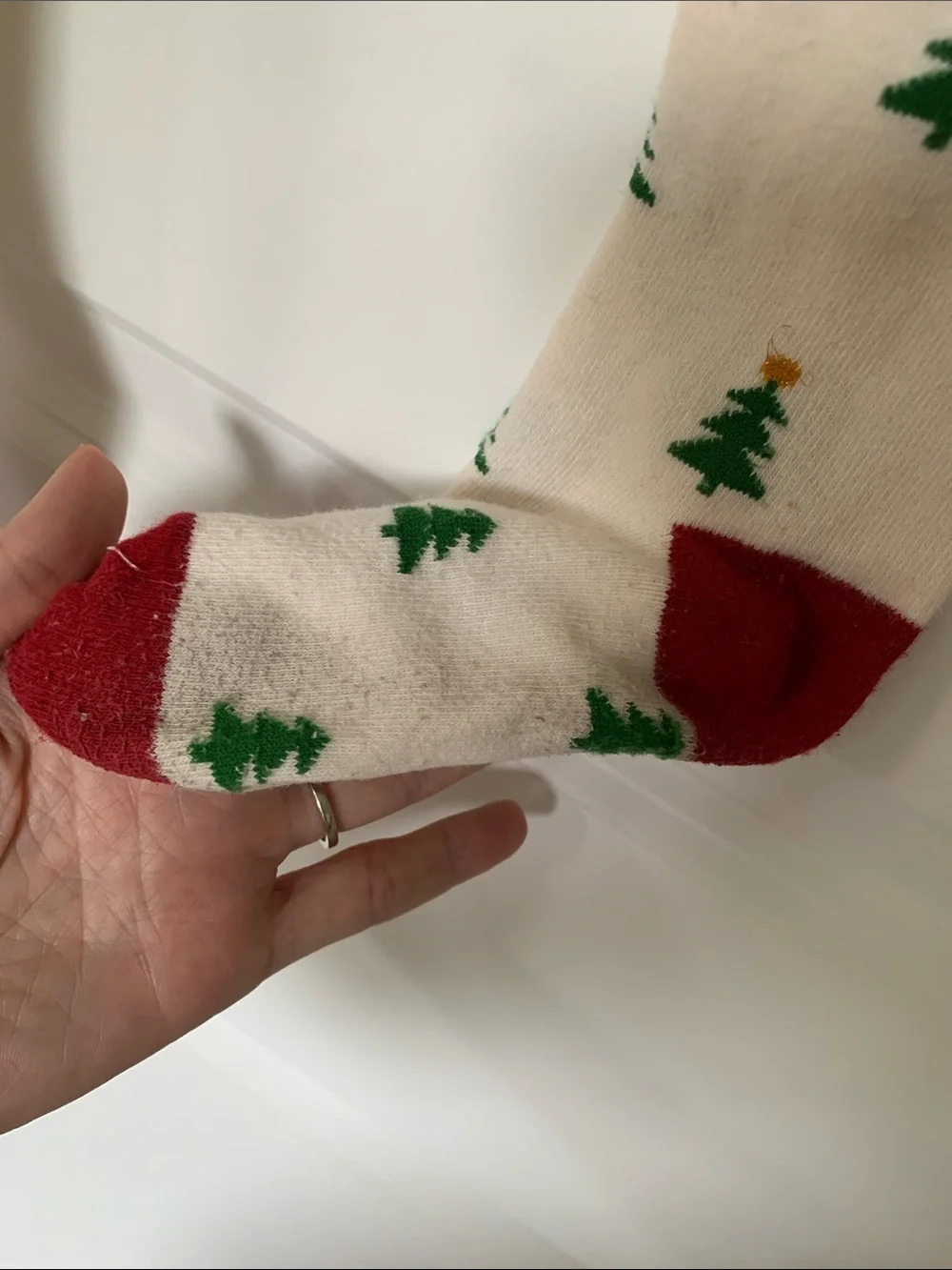 Cream Kids Tights with Green Christmas Tree Print and Red Toes
